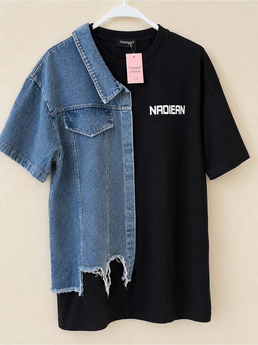 Mango Two-Tone Black & Blue Denim Short Sleeve Tee